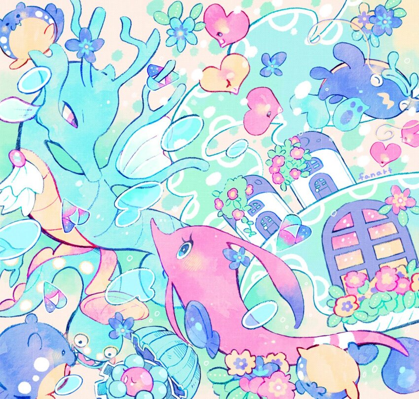 alternate_color animal_focus bubble clam clamperl commentary fish flower gem gen_2_pokemon gen_3_pokemon gorebyss heart huntail kappaman kingdra luvdisc nintendo no_humans pearl_(gemstone) pokemon pokemon_(creature) seahorse shiny_pokemon spheal underwater whale whiscash