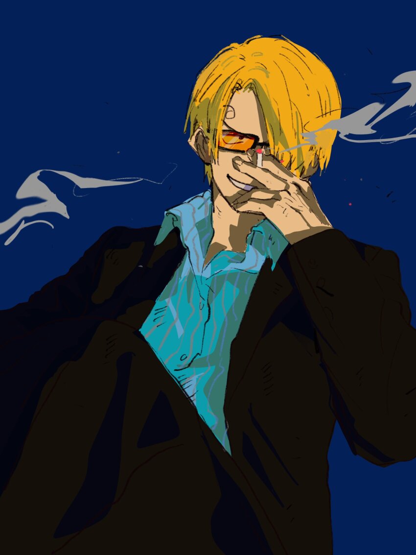 1boy black_suit blonde_hair blue_background blue_shirt cigarette collared_shirt commentary crossed_legs curly_eyebrows fengcheche formal_clothes hair_over_one_eye highres holding holding_cigarette looking_to_the_side male_focus one_piece orange-tinted_eyewear sanji_(one_piece) shirt simple_background smile smoke solo striped_clothes striped_shirt suit symbol-only_commentary tinted_eyewear vertical-striped_clothes vertical-striped_shirt