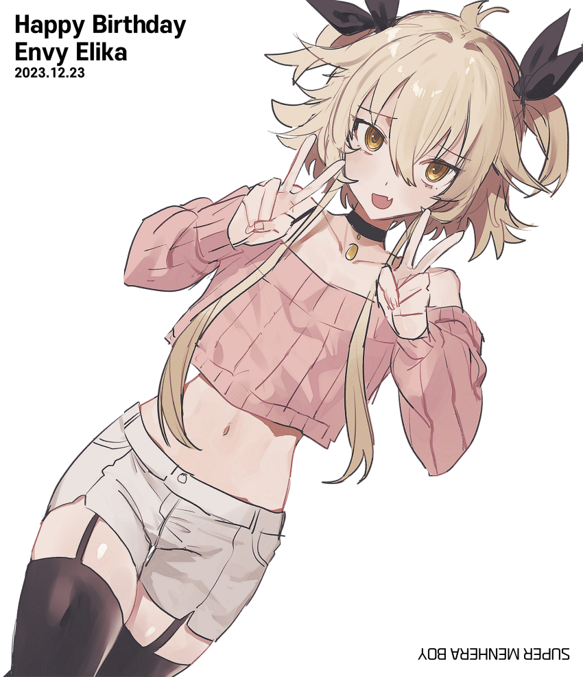 1boy :d absurdres black_garter_straps black_skirt blonde_hair blush bow bra_strap choker coin_(ornament) crossdressing dated double_v envy_elika_(koyashaka) fang garter_straps hair_bow hair_ribbon happy_birthday highres koyashaka long_sleeves looking_at_viewer male_focus midriff off-shoulder_sweater off_shoulder open_mouth original pink_sweater ribbon short_hair_with_long_locks shorts skin_fang skirt smile solo sweater thighhighs trap two_side_up v white_background white_shorts yellow_eyes