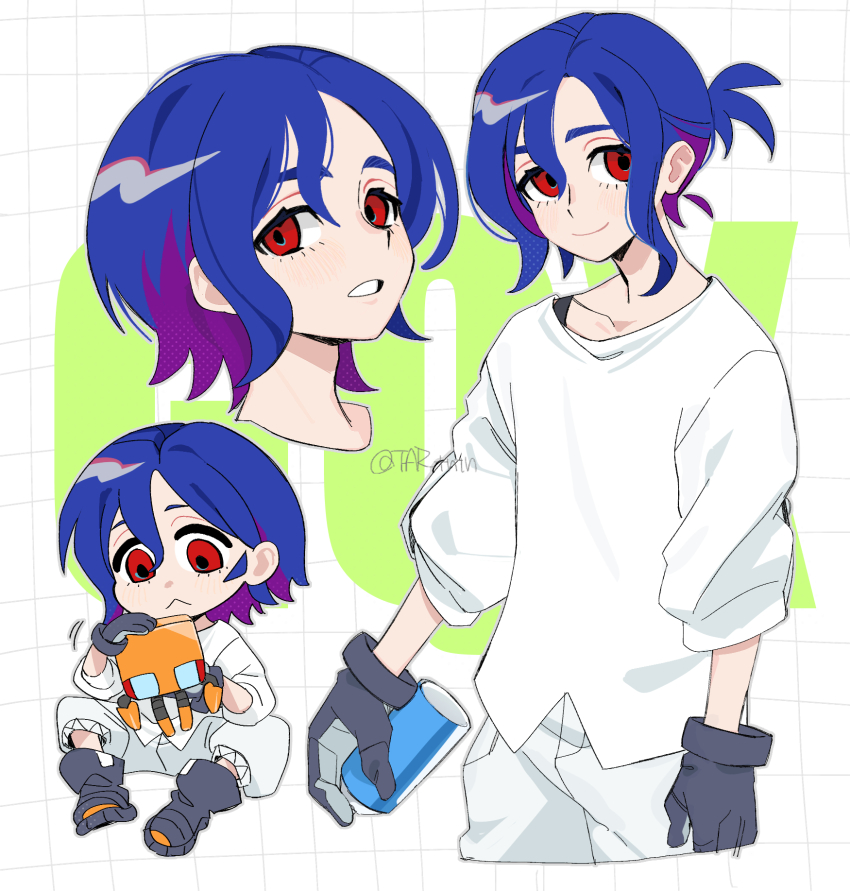 1boy blue_hair chibi chibi_inset colored_inner_hair conch_(gundam) gloves grid_background gundam gundam_gquuuuuux highres holding_spray_can lower_eyelashes_only male_focus multicolored_hair multiple_girls non-humanoid_robot open_mouth pants ponytail purple_hair red_eyes robot shirt short_hair shuji_ito smile solo tar_tntn two-tone_hair white_shirt