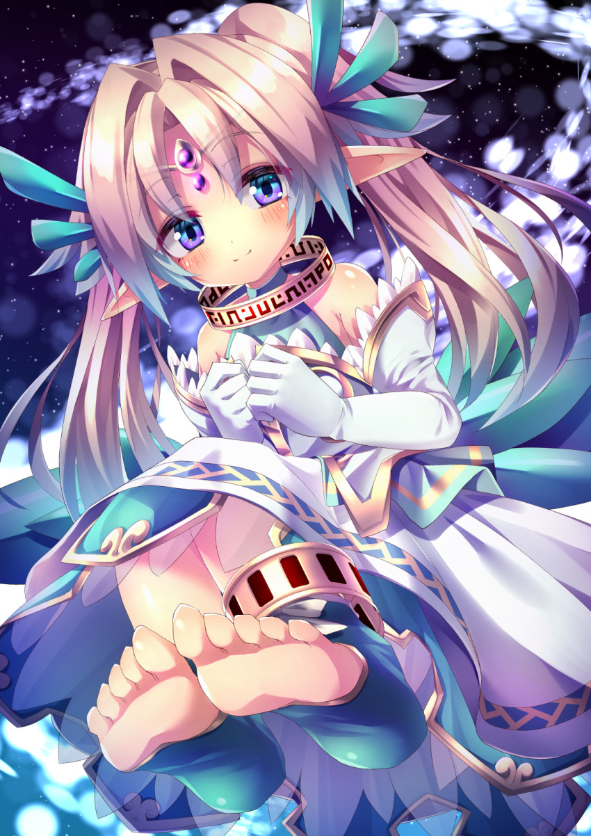 bare_shoulders blue_eyes brown_hair dress elbow_gloves emil_chronicle_online gloves highres long_hair pointy_ears seahorse_alma soles toes twintails white_dress yupi828