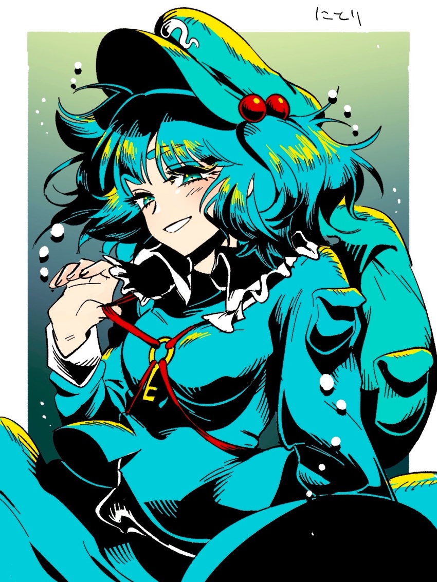 1girl bag blue_hair blue_shirt blue_skirt blush breasts bubble clothes_pull collared_shirt criss-cross_straps frilled_shirt frilled_shirt_collar frills gradient_background green_bag green_eyes green_hat hair_bobbles hair_ornament hat head_tilt highres kawashiro_nitori key long_sleeves looking_at_viewer medium_breasts medium_hair mememedama10 open_mouth pocket pulling_own_clothes shirt simple_background skirt smile teeth touhou twintails two-tone_background underwater white_background white_shirt