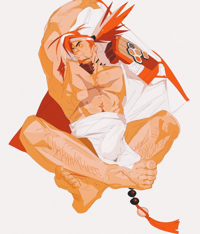 1boy abs alchemy_stars alternate_body_hair armpit_hair armpits bamashengze bara bare_pectorals bulge erection erection_under_clothes facial_hair full_body goatee headband highres knees_apart_feet_together large_pectorals leg_hair legs_up loincloth long_sideburns looking_to_the_side lying male_focus mature_male mechanical_arms mouth_hold muscular muscular_male navel navel_hair no_nipples on_back pectorals pelvic_curtain red_hair scar scar_on_chest short_hair sideburns sideburns_stubble single_mechanical_arm sinsa_(alchemy_stars) smile solo sparse_chest_hair stalk_in_mouth stomach stubble thick_eyebrows undressing v-shaped_eyebrows veins veiny_arms veiny_feet white_hair