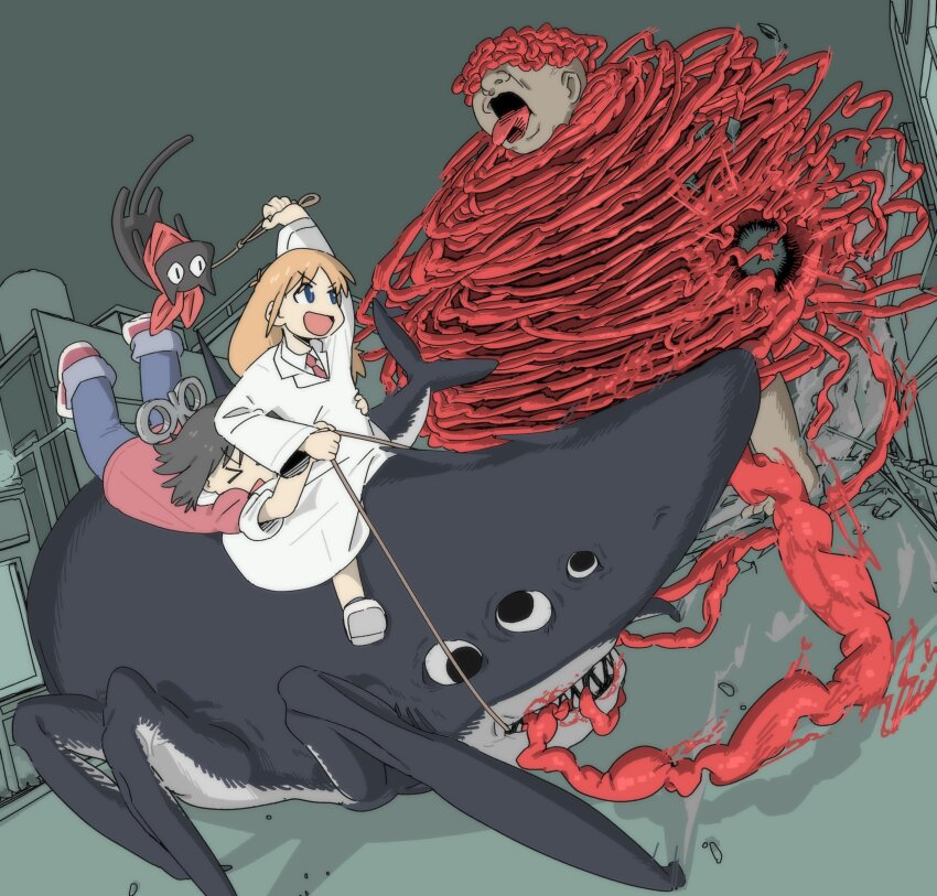 &gt;_&lt; 2girls absurdres battle beam_(chainsaw_man) black_hair blue_eyes cat chainsaw_man collared_shirt fubarmoe gyo_ugomeki_bukimi highres holding holding_leash intestines lab_coat leash long_hair monster multiple_girls necktie nichijou orange_hair outdoors professor_shinonome red_necktie red_scarf riding_shark sakamoto_(nichijou) scarf shark shinonome_nano shirt short_hair typhoon_devil_(chainsaw_man) winding_key