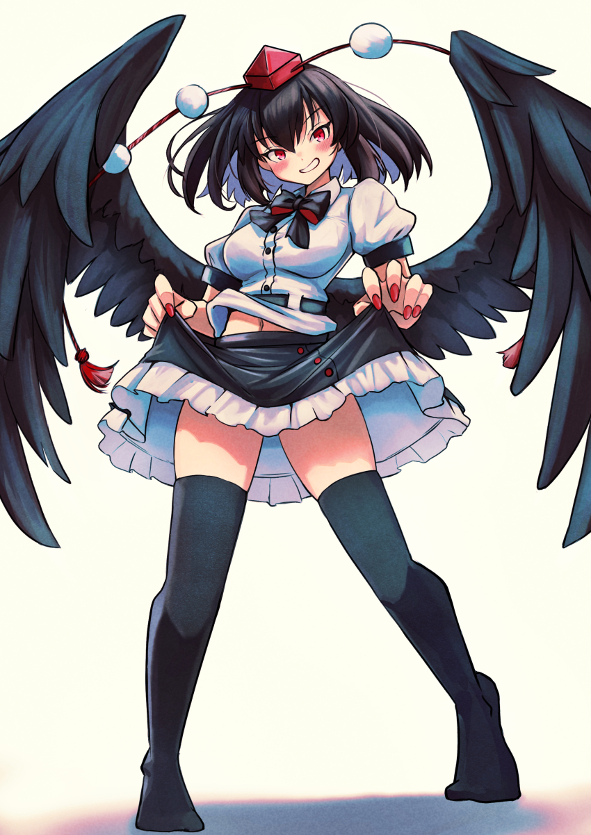 1girl absurdres black_hair full_body highres miniskirt red_eyes shameimaru_aya short_hair skirt solo touhou wings yuuka_(a0240765)