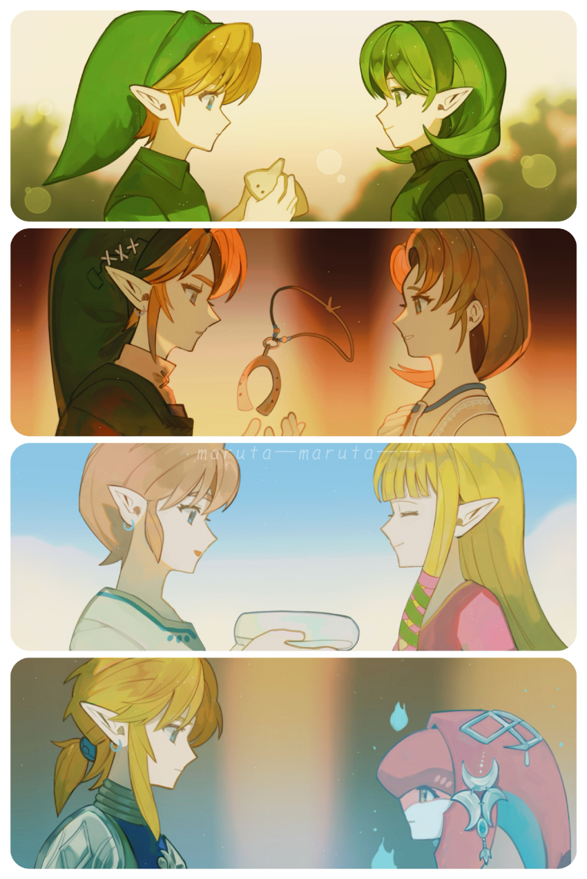 4boys 4girls absurdres artist_name blonde_hair blunt_bangs brown_hair child closed_eyes commentary_request earrings facing_another fish_girl from_side ghost green_hair green_hat hair_tie hat highres hitodama holding holding_instrument horseshoe_necklace ilia_(zelda) instrument jewelry link long_hair looking_at_another maruta_maruta mipha multiple_boys multiple_girls multiple_persona nintendo ocarina pointy_ears ponytail princess_zelda saria_(zelda) short_hair short_ponytail sidelocks the_legend_of_zelda the_legend_of_zelda:_breath_of_the_wild the_legend_of_zelda:_ocarina_of_time the_legend_of_zelda:_skyward_sword the_legend_of_zelda:_twilight_princess young_link zora