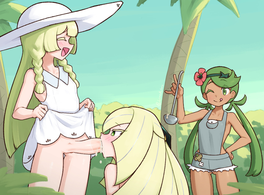 1futa 2girls :q bare_arms blonde_hair closed_mouth clothes_lift cum cum_in_container cum_in_mouth dark-skinned_female dark_skin day dress dress_lift erection fellatio futa_with_female futanari green_eyes green_hair hat holding holding_ladle incest ladle lifting_own_clothes lillie_(pokemon) liveactors long_hair lusamine_(pokemon) mallow_(pokemon) mother_and_daughter multiple_girls nintendo one_eye_closed oral outdoors palm_tree penis pokemon pokemon_sm sleeveless sleeveless_dress smile tagme tongue tongue_out tree uncensored white_dress white_hat