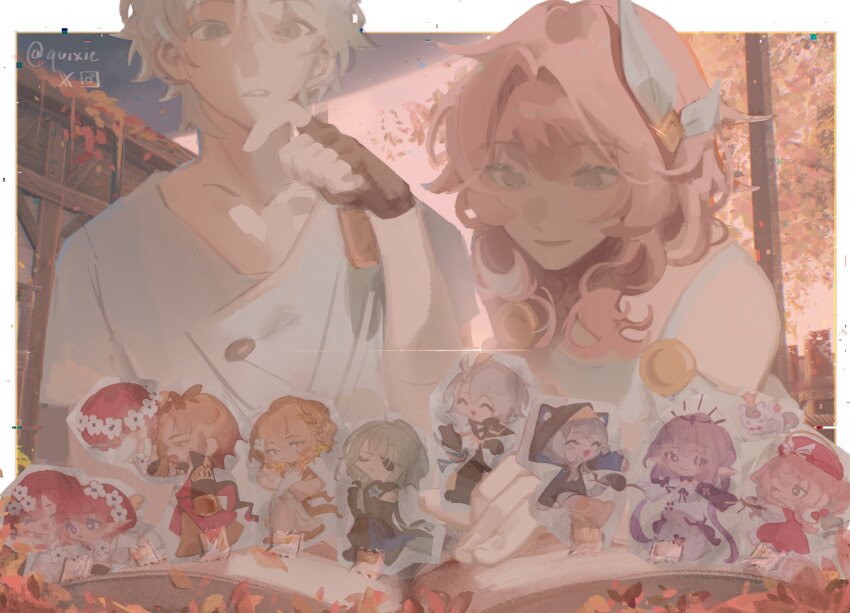 4boys 6+girls aglaea_(honkai:_star_rail) anaxa_(honkai:_star_rail) ancient_greek_clothes animal_ears antenna_hair armor artist_name bare_shoulders black_bodysuit black_gloves black_jacket black_pants black_shirt black_tiara blonde_hair blue_eyes blue_hair bodysuit book boots border bow braid brown_boots brown_eyes brown_gloves butterfly_ornament cape castorice_(honkai:_star_rail) cat_ears cat_girl cat_tail child chrysos_heirs_(honkai:_star_rail) cipher_(honkai:_star_rail) closed_eyes closed_mouth collarbone commentary covered_eyes crossed_arms cyrene_(honkai:_star_rail) dress elbow_gloves english_commentary eyepatch fingerless_gloves flower flower-shaped_pupils flying full_body gauntlets gloves gold_shoes gradient_hair greco-roman_clothes green_hair grey_hair hair_bow hair_flower hair_ornament hair_over_eyes hair_over_one_eye hair_ribbon half-closed_eyes hand_on_own_hip hand_up hat hat_ornament head_wreath highres honkai:_star_rail honkai_(series) hood hooded_bodysuit hyacine_(honkai:_star_rail) jacket laurel_crown long_hair long_sleeves looking_at_another looking_to_the_side low_ponytail low_twintails multicolored_hair multiple_boys multiple_girls mydei_(honkai:_star_rail) open_book open_clothes open_jacket outdoors outside_border pants phainon_(a_dream_scented_in_wheat)_(honkai:_star_rail) phainon_(honkai:_star_rail) pink_flower pink_hair plusx_ie pointy_ears ponytail puffy_long_sleeves puffy_sleeves purple_bow purple_eyes purple_flower purple_gloves purple_hair red_bow red_cape red_dress red_hair red_hat ribbon shirt shoes short_hair short_sleeves shoulder_armor single_braid sitting sleeveless sleeveless_dress smile standing symbol-shaped_pupils tail teeth tiara tree trianne_(honkai:_star_rail) tribbie_(honkai:_star_rail) trinnon_(honkai:_star_rail) triplets twintails two-tone_dress upper_body v-shaped_eyebrows very_long_hair white_border white_dress white_flower white_jacket white_ribbon white_shirt white_shoes