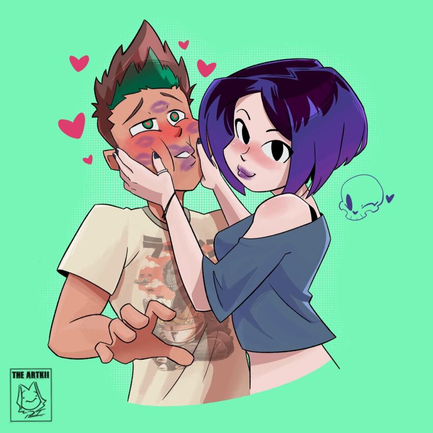 1boy 1girl beast_boy_(dc) black_eyes blush couple dc_comics green_background happy heart heart-shaped_pupils highres kiss lipstick_mark purple_hair raven_(dc) smile symbol-shaped_pupils teen_titans