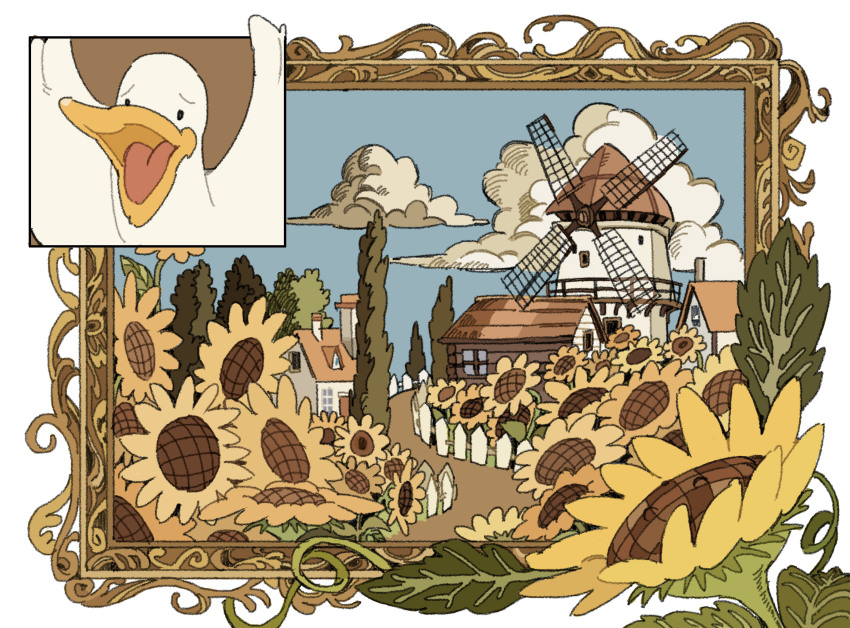 absurdres architecture bird blue_sky border building bush cloud day duck european_architecture field flower flower_field grass highres house no_humans original outdoors picture_frame plant scenery sky sunflower sunflower_field town tree where_hao white_border windmill window