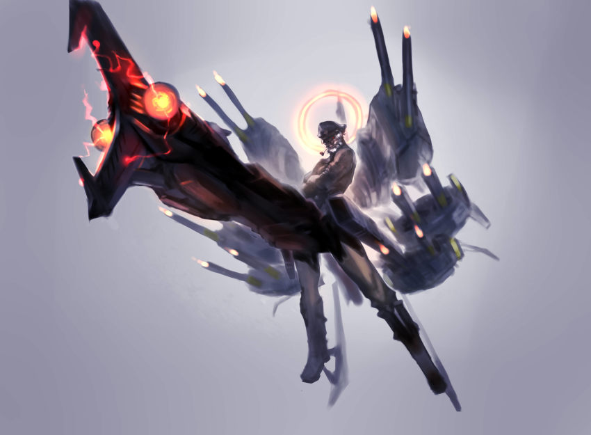 beard cannon closed_mouth crossed_arms electricity facial_hair firing floating glowing glowing_eye grin halo highres jian_huang mecha_danshi muscular mustache old old_man original phallic_symbol smoking_pipe red_eyes topless_male smile