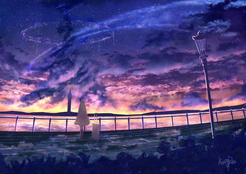 1other artist_name back blue_sky cloud cloudy_sky dawn handrail k&amp;p_(kptseart) original outdoors scenery sky star_(sky)