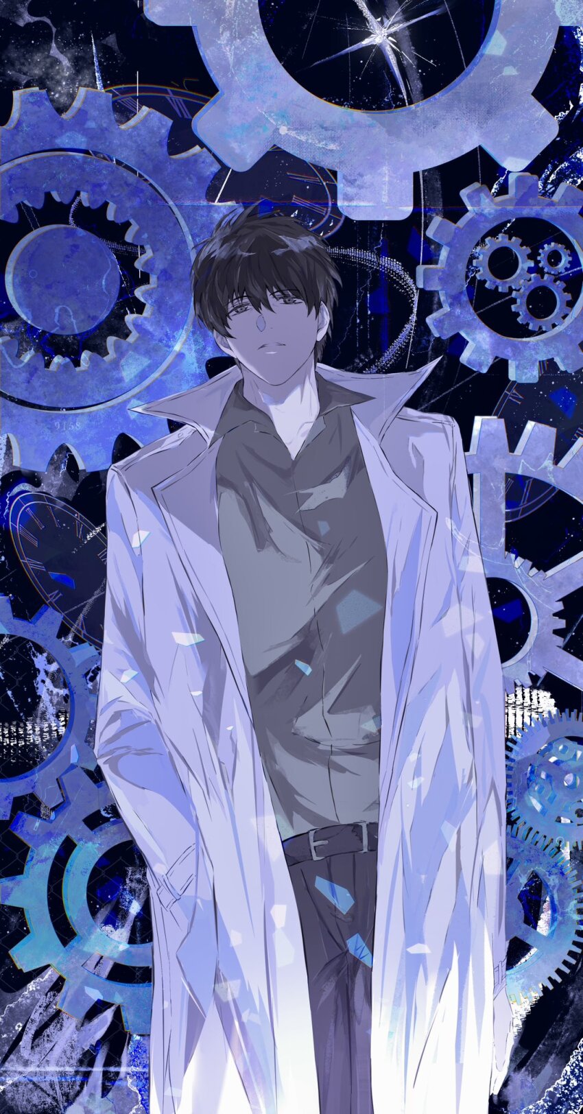 1boy 8d2suga9 black_eyes black_hair black_shirt blue_theme coat collared_shirt cowboy_shot gears hands_in_pockets head_tilt highres kim_dokja male_focus omniscient_reader&#039;s_viewpoint open_clothes open_coat parted_lips popped_collar shirt short_hair solo sparkle underlighting white_coat