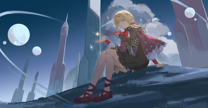 1girl absurdres ankle_ribbon arm_support ballet_slippers blonde_hair blue_eyes blue_sky braid braided_bangs brown_dress cloak cloud collared_dress dress full_body hair_ribbon hand_up highres kiperina leg_ribbon long_hair low_ponytail neckerchief on_ground ponytail red_cloak red_neckerchief red_ribbon red_shoes reverse:1999 ribbon rocket shoes short_dress sitting sky solo xiaoniaoyou_qing