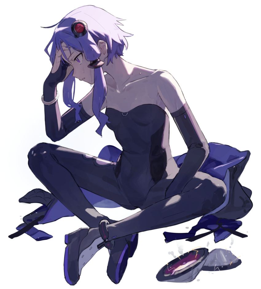 1girl bare_shoulders black_bodysuit bodysuit breasts elbow_gloves full_body gloves head_rest highres hitogome knees_apart_feet_together purple_eyes purple_hair short_hair_with_long_locks simple_background sitting small_breasts solo sweat vocaloid voiceroid white_background yuzuki_yukari yuzuki_yukari_(vocaloid6)