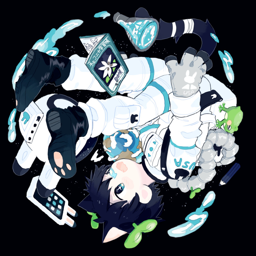 +_+ 1boy animal_ears animal_ears_helmet animal_helmet astronaut bandaged_tail black_hair black_shoes blue_eyes book cat_boy cat_ears cat_tail clothing_cutout commentary_request cotono_(nazekun) earth_(planet) erlenmeyer_flask flask gloves grey_gloves helmet highres long_sleeves male_focus neko-kun_(cotono_(nazekun)) open_book original paw_print_soles planet rabbit_ears shoes short_hair solo space space_helmet spacesuit sprout_on_head star_(sky) tail tail_through_clothes translation_request unworn_headwear unworn_helmet