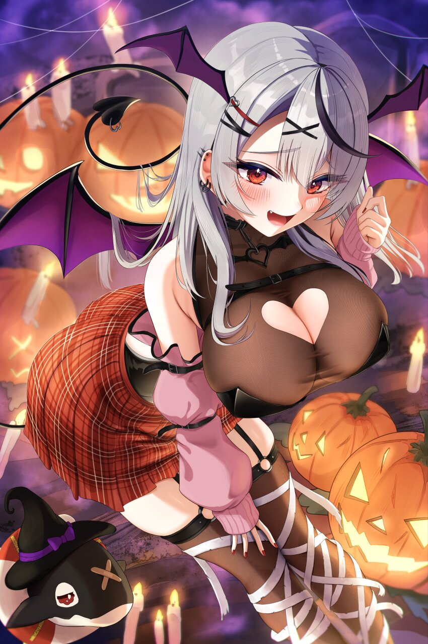 1girl absurdres bandages blush breasts candle demon_girl demon_tail demon_wings grey_hair hair_ornament hairclip halloween highres hololive large_breasts long_hair looking_at_viewer open_mouth pumpkin red_eyes red_skirt sakamata_chloe single_tooth skirt tail takotakochan_1006 tooth virtual_youtuber wings