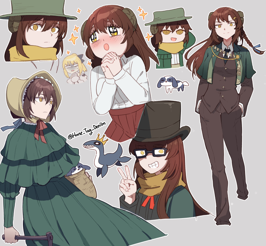 1girl absurdres breasts brown_hair brown_skirt brown_suit capelet chibi dog dress fate/grand_order fate_(series) formal_clothes glasses green_capelet green_dress green_headwear grin hair_ornament hat highres house_tag_denim long_braid long_hair long_sleeves looking_at_viewer mary_anning_(fate) medium_breasts multiple_views plesiosaur riyo_(lyomsnpmp)_(style) scarf shirt skirt smile sparkle sparkling_eyes suit v white_shirt yellow_eyes yellow_scarf
