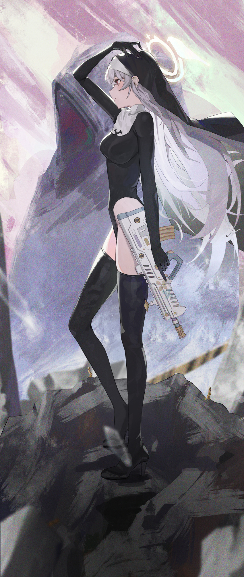 1girl 1other absurdres arm_up assault_rifle black_footwear black_leotard blue_archive boots breasts bullpup closed_mouth coif from_side full_body grey_hair gun halo hieronymus_(blue_archive) highleg highleg_leotard highres holding holding_gun holding_weapon iwi_tavor justina_follower_(blue_archive) kji_(rozo) knee_boots leotard long_hair long_sleeves looking_ahead medium_breasts red_eyes rifle rubble sakurako_(blue_archive) solo_focus weapon wind