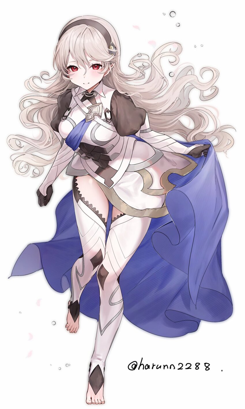 1girl armor armored_leotard barefoot black_hairband blue_cape breasts cape curly_hair female_corrin_(fire_emblem) fire_emblem fire_emblem_fates hair_between_eyes hairband haru_(nakajou-28) highres holding_cloak leotard long_hair medium_breasts nintendo pointy_ears red_eyes smile solo standing standing_on_one_leg thigh_peek thighs twitter_username white_background white_hair