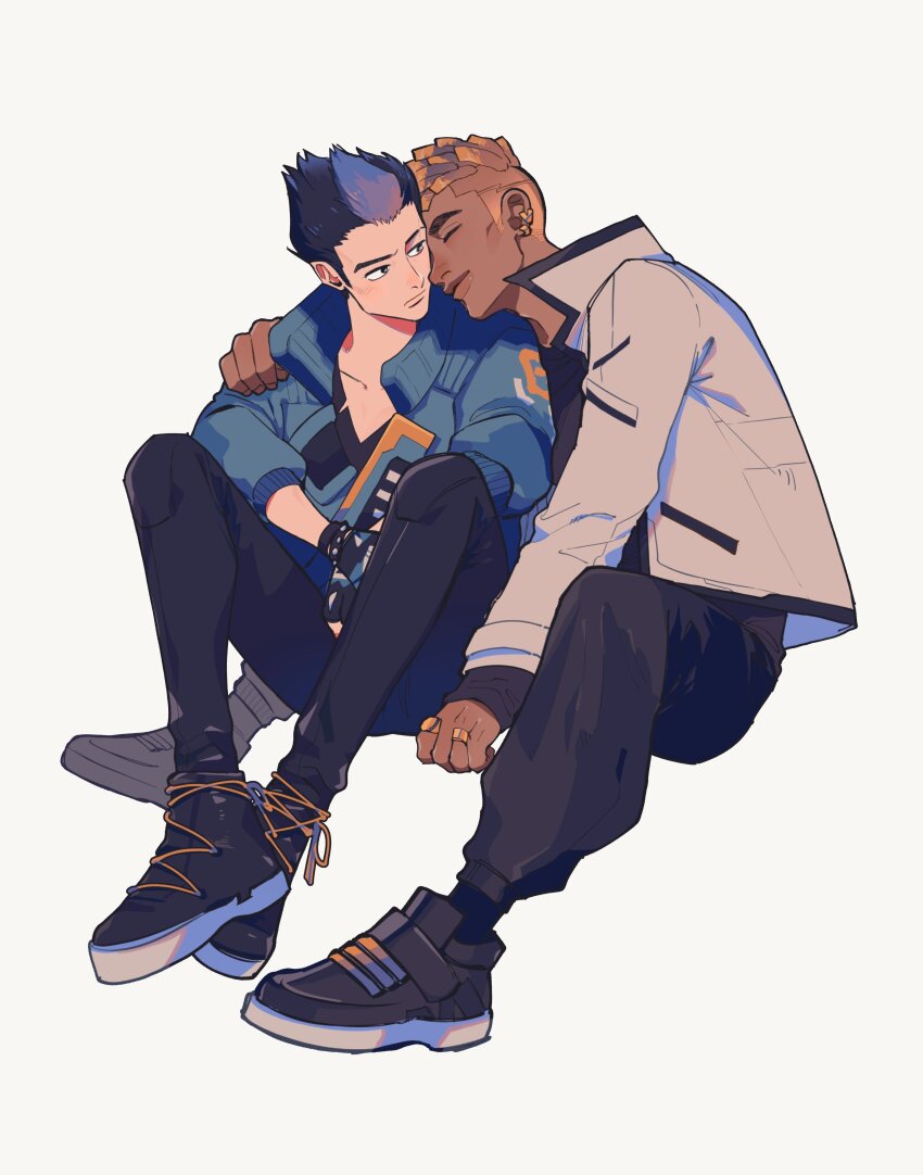 1715yorugohan 2boys absurdres arm_around_shoulder black_footwear black_hair black_pants black_shirt black_socks black_trim blonde_hair blue_hair blue_jacket closed_eyes closed_mouth collared_jacket commentary dark-skinned_male dark_skin dreadlocks ear_piercing earrings english_commentary full_body head_on_another&#039;s_shoulder highres interracial jacket jewelry knees_up layered_sleeves long_sleeves looking_at_another male_focus multicolored_hair multiple_boys multiple_earrings multiple_rings pants phoenix_(valorant) piercing popped_collar ring shirt shoes simple_background sitting sneakers socks thick_eyebrows valorant white_background white_jacket yaoi yoru_(valorant)