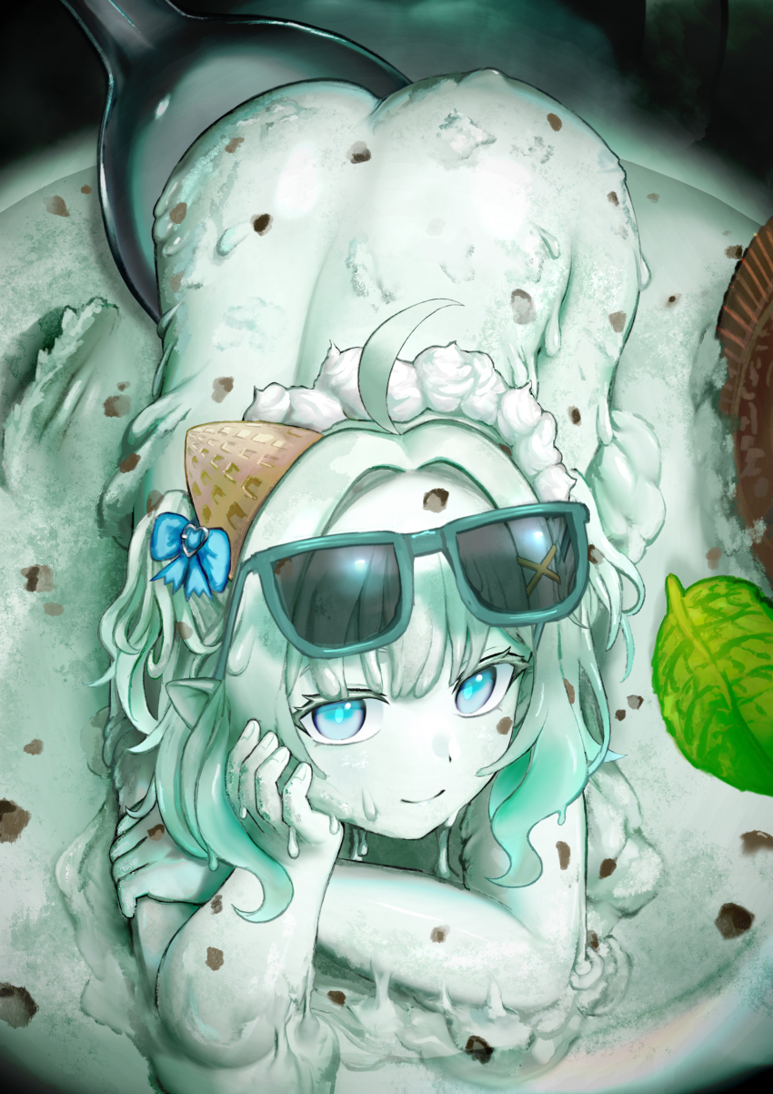 1girl absurdres ahoge aqua_hair ass blue_bow blue_eyes bow dimensionless88 food hair_bow hair_ornament highres ice_cream indie_virtual_youtuber looking_at_viewer mint_chocolate mint_fantome nude short_hair smile solo spoon x_hair_ornament