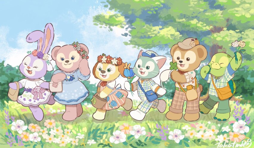 3boys 3girls animal_ears bear_girl cookieann duffy_and_friends duffy_the_disney_bear gelatoni green_fur highres looking_at_viewer multiple_boys multiple_girls olu_mel rabbit_ears rabbit_girl shelliemay shirt smile stellalou stuffed_animal stuffed_toy takatmaorange turtle_boy