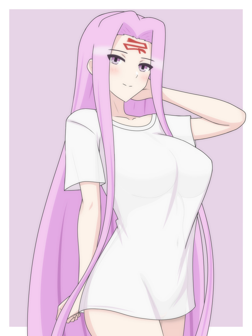 1girl absurdres blush border breasts closed_mouth collarbone cowboy_shot dani_(angrymatthew) eyebrows_hidden_by_hair eyes_visible_through_hair facial_mark fate/grand_order fate/stay_night fate_(series) forehead_mark hand_on_own_face highres large_breasts long_bangs long_hair looking_at_viewer medusa_(fate) medusa_(rider)_(fate) meme naked_shirt outside_border oversized_clothes oversized_shirt parted_bangs purple_background purple_eyes purple_hair shirt smile solo standing t-shirt thighs very_long_hair white_border white_shirt zenra
