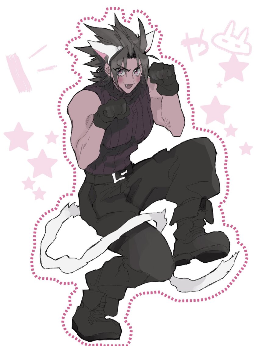 1boy animal_ears bare_shoulders belt black_belt black_boots black_gloves black_pants blush boots brown_eyes cat_boy cat_ears cat_tail fang final_fantasy final_fantasy_vii full_body gloves hair_slicked_back highres kemonomimi_mode looking_at_viewer male_focus medium_hair open_mouth pants parted_bangs paw_pose purple_shirt shirt sleeveless sleeveless_turtleneck solo tail turtleneck white_background white_fur zack_fair zc_furuya