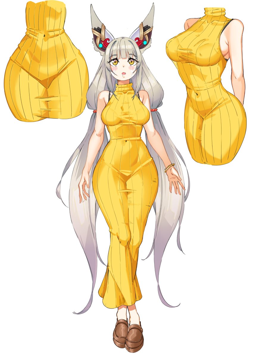 1girl absurdres animal_ear_fluff animal_ears armpit_crease bare_shoulders blush breasts brown_footwear cat_ears commentary covered_navel curvy dress eyelashes fang grey_hair highres holding i_am_anddo large_breasts long_dress long_hair multiple_views narrow_waist nia_(xenoblade) open_mouth pencil_dress simple_background skin_fang standing turtleneck turtleneck_dress very_long_hair white_background wide_hips xenoblade_chronicles_(series) xenoblade_chronicles_2 xenoblade_chronicles_3 yellow_dress yellow_eyes