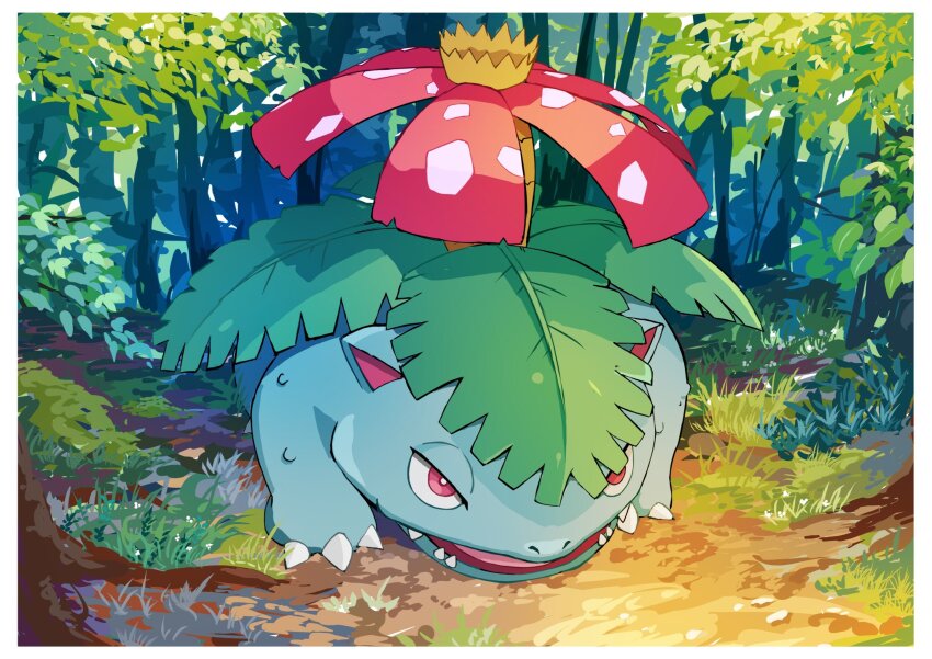 animal_focus aqua_skin claws colored_skin commentary_request forest gen_1_pokemon hazikamiio highres leaf nature nintendo no_humans open_mouth pokemon pokemon_(creature) red_eyes sharp_teeth teeth venusaur