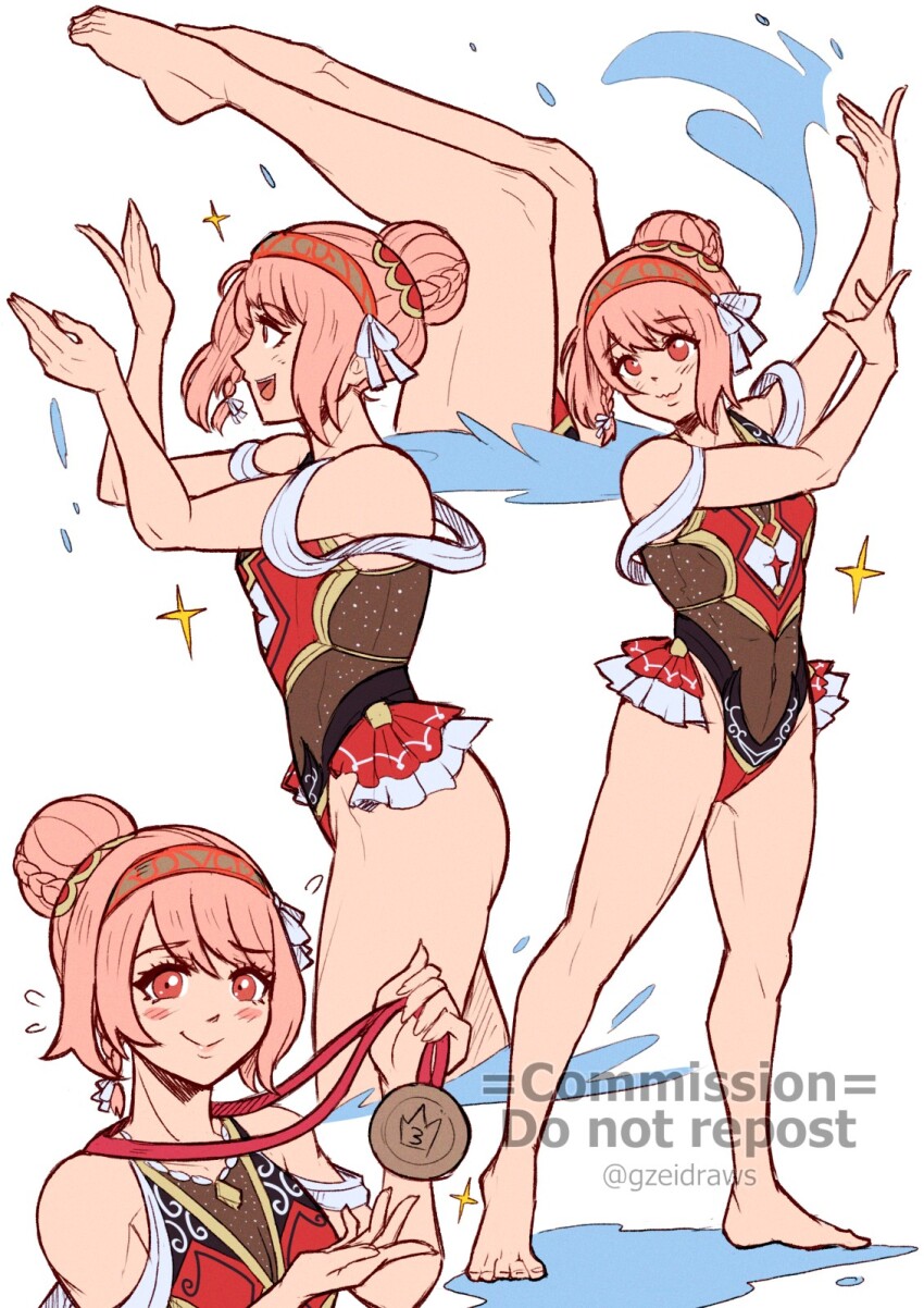 alternate_costume alternate_hairstyle arms_up bare_legs bronze_medal commission fire_emblem fire_emblem_engage frilled_one-piece_swimsuit frills gzei hairband highres lapis_(fire_emblem) legs legs_together legs_up light_smile multicolored_swimsuit multiple_views nervous_sweating nintendo one-piece_swimsuit partially_submerged pink_hair red_eyes shy sparkle sweat swimming swimsuit synchronized_swimming thighs vgen_commission
