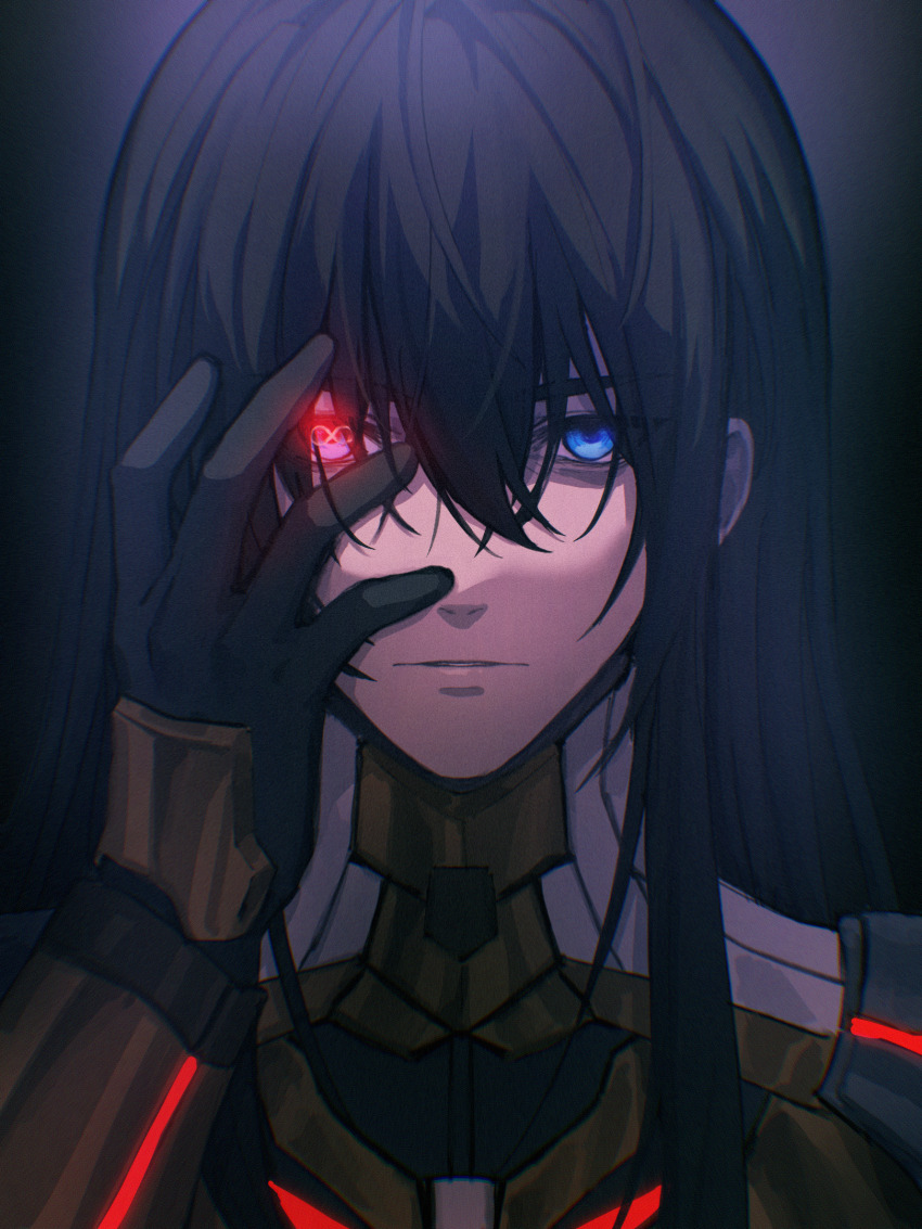 1boy armor black_background black_gloves black_hair blue_eyes chachachachamu gloves hair_between_eyes hand_on_own_face highres infinity_symbol long_hair looking_at_viewer male_focus n_(xenoblade) parted_lips portrait red_light shoulder_armor sidelocks simple_background solo straight-on teeth xenoblade_chronicles_(series) xenoblade_chronicles_3 yellow_armor