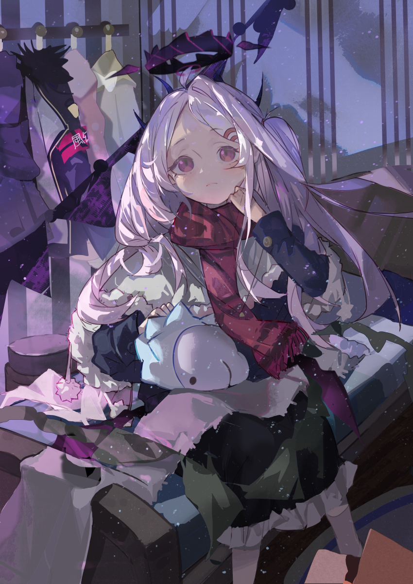 absurdres ahoge armband black_coat black_halo blue_archive coat demon_girl demon_horns demon_wings halo happy_birthday highres hina_(blue_archive) horns indoors long_hair on_bed purple_eyes red_armband scarf sitting tagme user_uxfz2888 white_hair wings