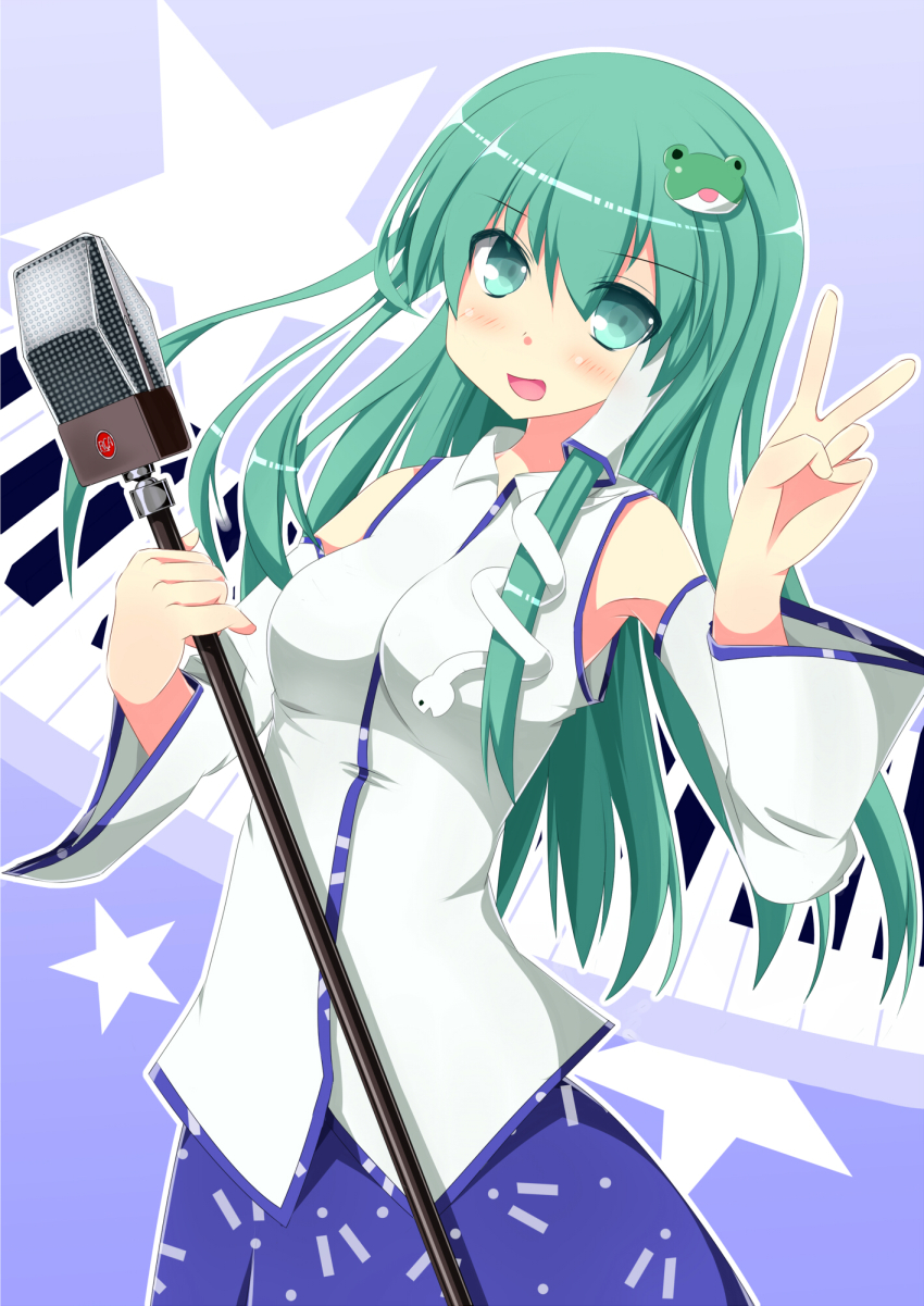 1girl blue_skirt blush breasts collared_shirt commentary_request cookie_(touhou) cowboy_shot detached_sleeves frog_hair_ornament green_eyes green_hair hair_ornament hair_tubes highres holding holding_microphone_stand kochiya_sanae long_hair looking_at_viewer medium_breasts microphone_stand nontraditional_miko open_mouth paseri_(cookie) shirt skirt sleeveless sleeveless_shirt smile snake_hair_ornament solo star_(symbol) szk touhou v white_shirt