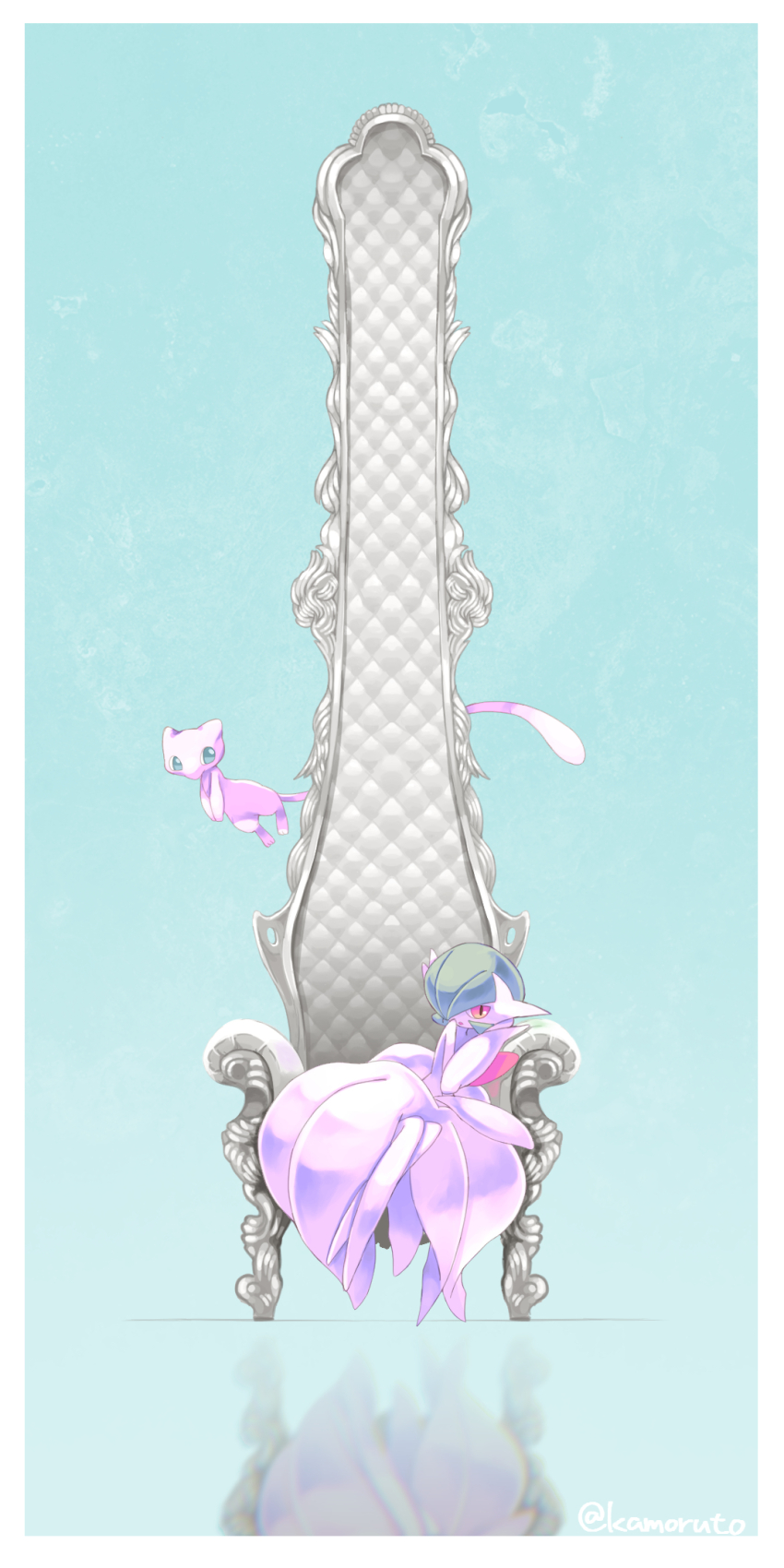 artist_name blue_background bob_cut colored_skin dress game_freak gardevoir gen_1_pokemon gen_3_pokemon green_eyes green_hair hair_over_one_eye highres kamoruto legendary_pokemon long_tail mega_gardevoir mega_pokemon mew_(pokemon) mythical_pokemon nintendo no_feet parted_lips pink_eyes pink_fur pokemon pokemon_(creature) reflective_floor simple_background sitting_on_throne tail throne white_dress white_skin