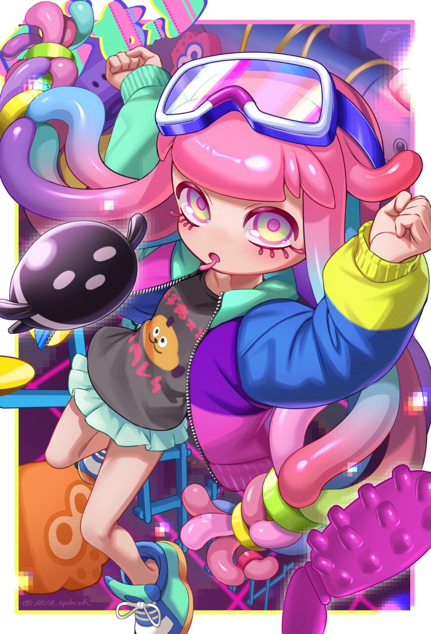 1girl :o aqua_hair arms_up black_shirt blue-framed_eyewear blue_eyes blue_hair blue_jacket blue_shoes blue_skirt border cellphone clenched_hands colored_eyelashes commentary_request drooling fish flip_phone full_body goggles goggles_on_head gradient_eyes gradient_hair green_eyes green_hair green_scrunchie hair_flaps hair_ornament hair_scrunchie harmony&#039;s_clownfish_(splatoon) harmony_(splatoon) high_tops highres iria_(yumeirokingyo) jacket long_hair long_sleeves looking_at_viewer low-tied_long_hair miniskirt mouth_drool multicolored_eyes multicolored_hair multicolored_jacket nintendo official_alternate_costume open_clothes open_jacket open_mouth outside_border phone pink_hair pink_jacket pink_pupils pink_scrunchie purple_jacket scrunchie shirt shoes skirt sneakers solo splatoon_(series) splatoon_3 t-shirt tentacle_hair very_long_hair white_border yellow_eyes yellow_jacket yellow_scrunchie zipper