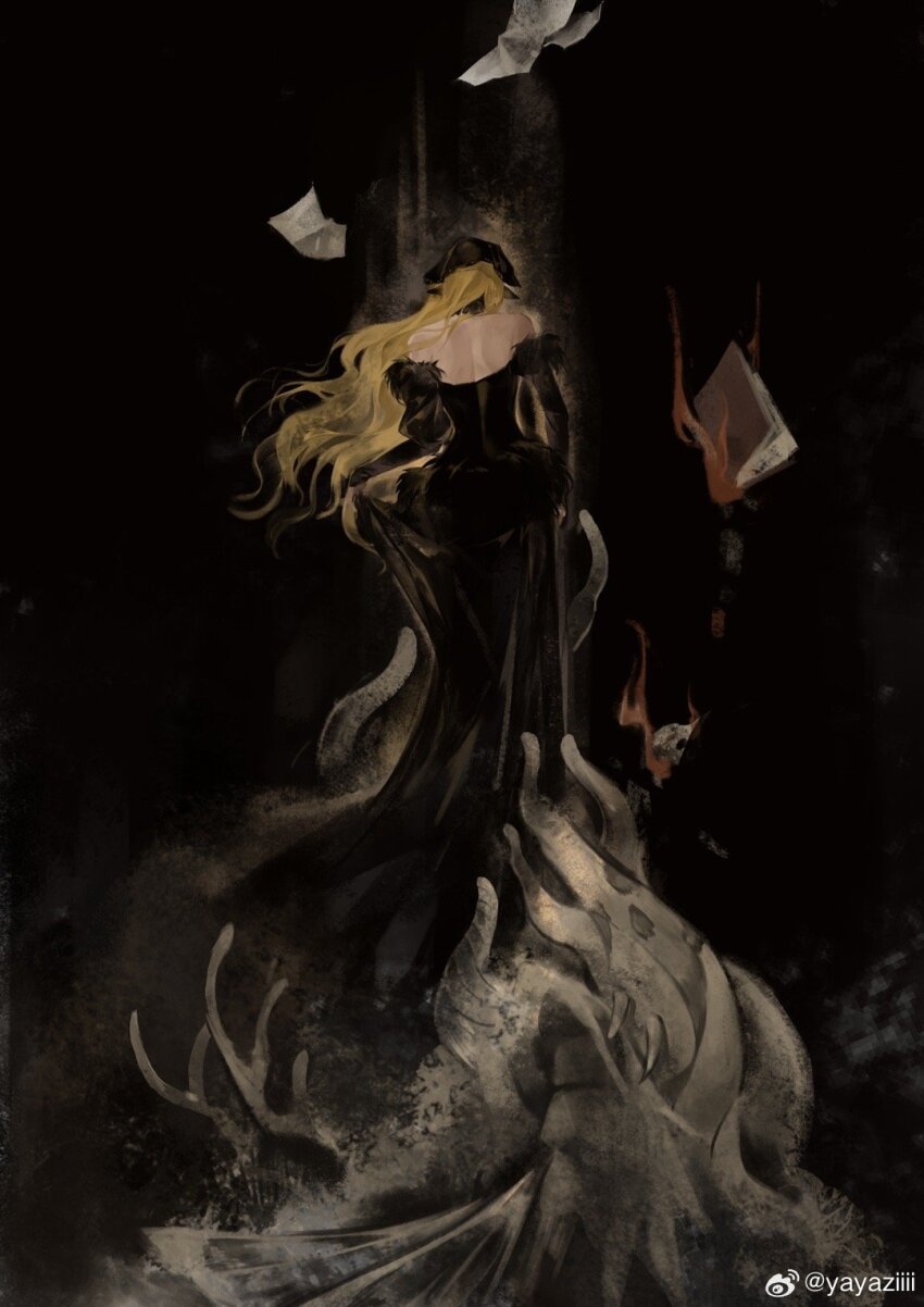 1girl bare_shoulders black_background black_dress black_gloves black_hat black_sleeves blonde_hair book chinese_commentary commentary_request detached_sleeves dress dungeon_meshi elbow_gloves fire french_commentary from_behind full_body fur_sleeves gloves hat highres long_hair marcille_donato marcille_donato_(lord) mixed-language_commentary paper shoulder_blades skirt_hold solo spoilers watermark weibo_watermark yayaziiii