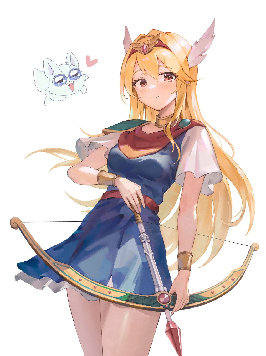 1girl absurdres akazukin_chacha animal armor blonde_hair blue_dress blush bow_(weapon) bracer brown_eyes choker cowboy_shot drawing_bow dress gem gold_choker hair_between_eyes hair_intakes hairband head_wings heart highres holding holding_bow_(weapon) holding_weapon ikkia long_hair looking_at_viewer magical_princess pauldrons red_eyes red_scarf riiya_(akazukin_chacha) scarf short_sleeves shoulder_armor simple_background single_pauldron smile solo standing tiara vambraces very_long_hair weapon white_background wings