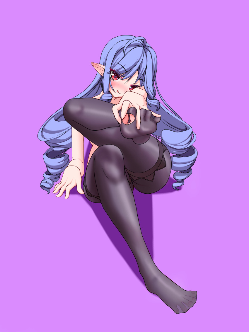 1girl absurdres blue_hair blush feet highres licking_lips long_hair looking_at_viewer pantyhose pointy_ears red_eyes soles toes tongue tongue_out torn_clothes torn_pantyhose tsukasa49003