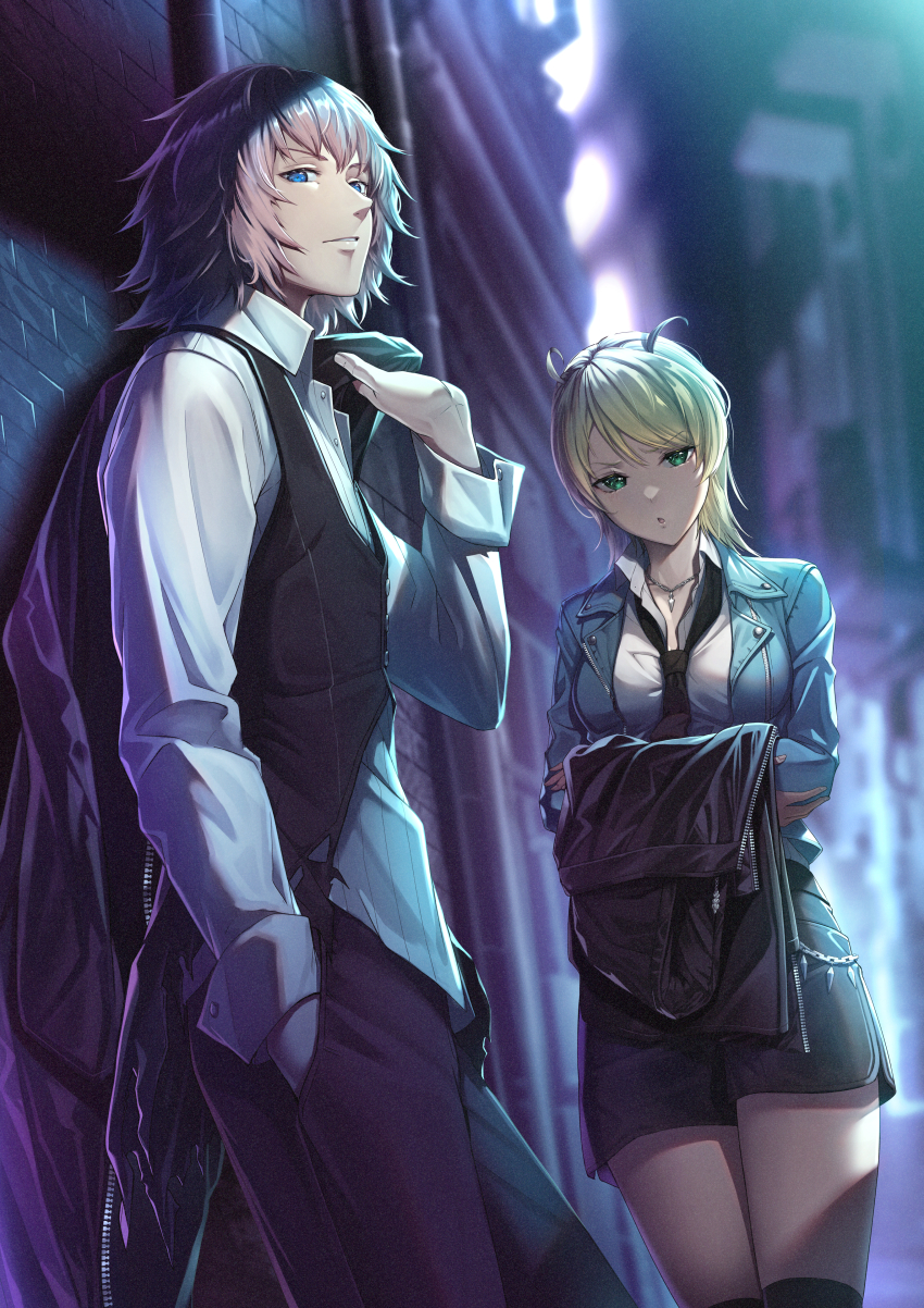 1boy 1girl absurdres against_wall antenna_hair black_coat_(kingdom_hearts) blonde_hair blurry blurry_background coat elrena gogo_(detteiu_de) green_eyes highres huge_filesize jacket kingdom_hearts kingdom_hearts_x lauriam necktie open_collar pink_hair skirt standing thighhighs thighs vest waistcoat