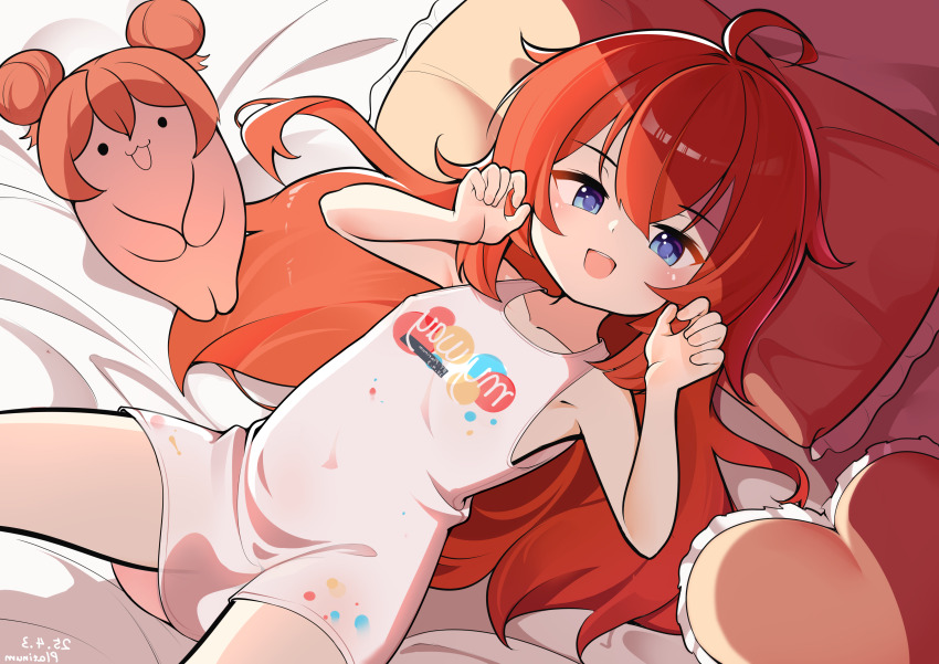 1girl :d absurdres ahoge artist_name bare_arms bare_shoulders bed_sheet blue_archive blue_eyes blush breasts character_doll chinese_commentary claw_pose collarbone commentary_request covered_erect_nipples cowboy_shot dated doll frilled_pillow frills from_above hair_between_eyes hair_spread_out hands_up head_on_pillow heart heart-shaped_pillow highres loli long_hair looking_at_viewer lying maki_(blue_archive) nazomaki_(blue_archive) no_pants official_alternate_costume on_back on_bed open_mouth paid_reward_available pillow platinum-mix print_shirt red_hair shirt sidelocks sleeveless sleeveless_shirt small_breasts smile solo teeth upper_teeth_only variant_set white_shirt
