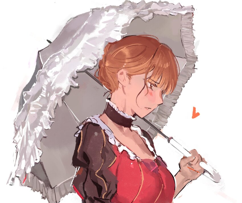 0104mq 1girl beatrice_(umineko) blonde_hair blush commentary dress english_commentary from_side highres holding holding_umbrella looking_ahead simple_background solo standing umbrella umineko_no_naku_koro_ni upper_body white_background white_umbrella