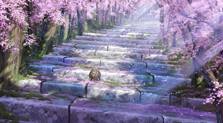 animal animal_focus branch cherry_blossoms day highres no_humans original outdoors scenery stairs stone_stairs sumassha_t_t tortoise tree turtle