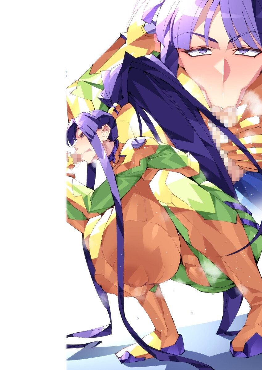 1girl :&gt;= blunt_bangs breasts censored covered_erect_nipples eiken fellatio gigantic_breasts highres huge_nipples impossible_clothes large_areolae long_hair mecha_pilot_suit misono_kirika mosaic_censoring neon_genesis_evangelion oral plugsuit_(evangelion) pobotto ponytail puffy_nipples purple_eyes purple_hair sidelocks squatting sweat very_long_hair