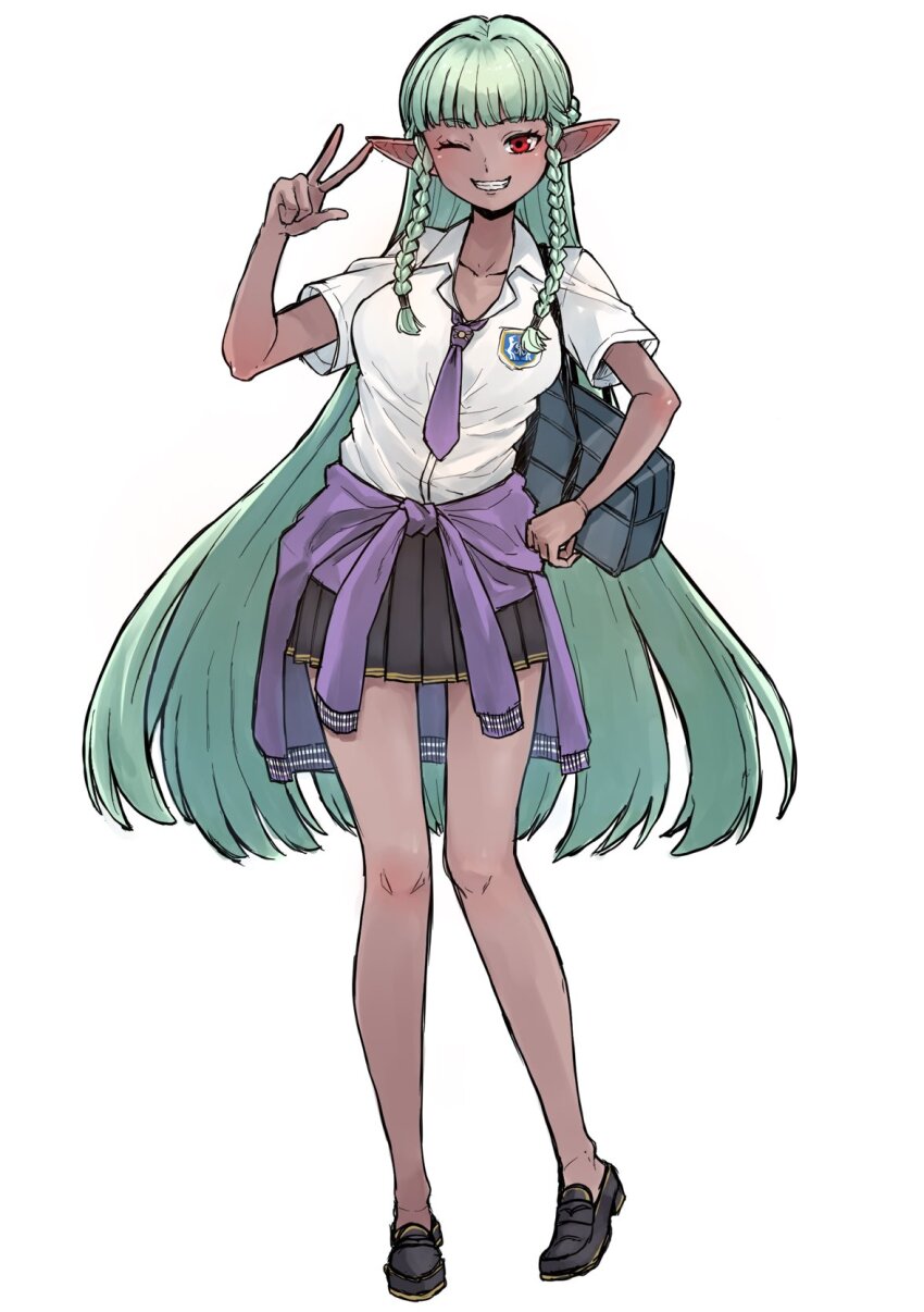 1girl aqua_hair bag braid breasts clothes_around_waist dark-skinned_female dark_elf dark_skin elf highres holly_dainikeitai large_breasts long_hair looking_at_viewer necktie one_eye_closed pointy_ears red_eyes rosalinde_(unicorn_overlord) school_bag school_uniform simple_background smile solo sweater sweater_around_waist twin_braids unicorn_overlord v very_long_hair white_background