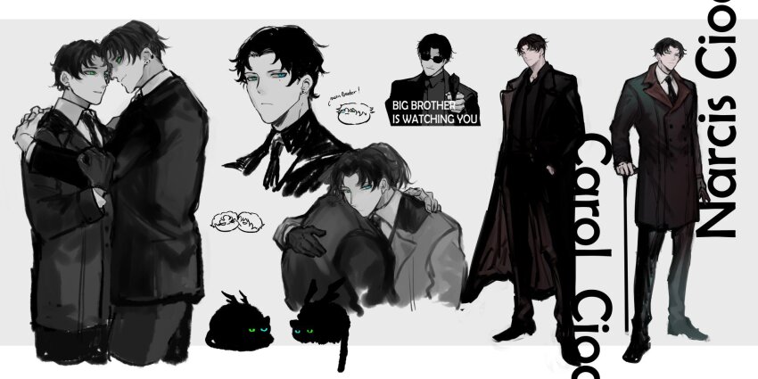 2boys :| aiming aiming_at_viewer black_hair black_jacket black_necktie boots candy cat closed_mouth collared_shirt doodle_inset english_text expressionless food green_eyes gun hand_in_pocket handgun hands_on_another&#039;s_back hands_on_another&#039;s_stomach highres holding holding_candy holding_food holding_gun holding_weapon hug jacket letterboxed looking_at_viewer male_focus multiple_boys multiple_views necktie original outside_border shirt short_hair sunglasses weapon white_shirt wuruko