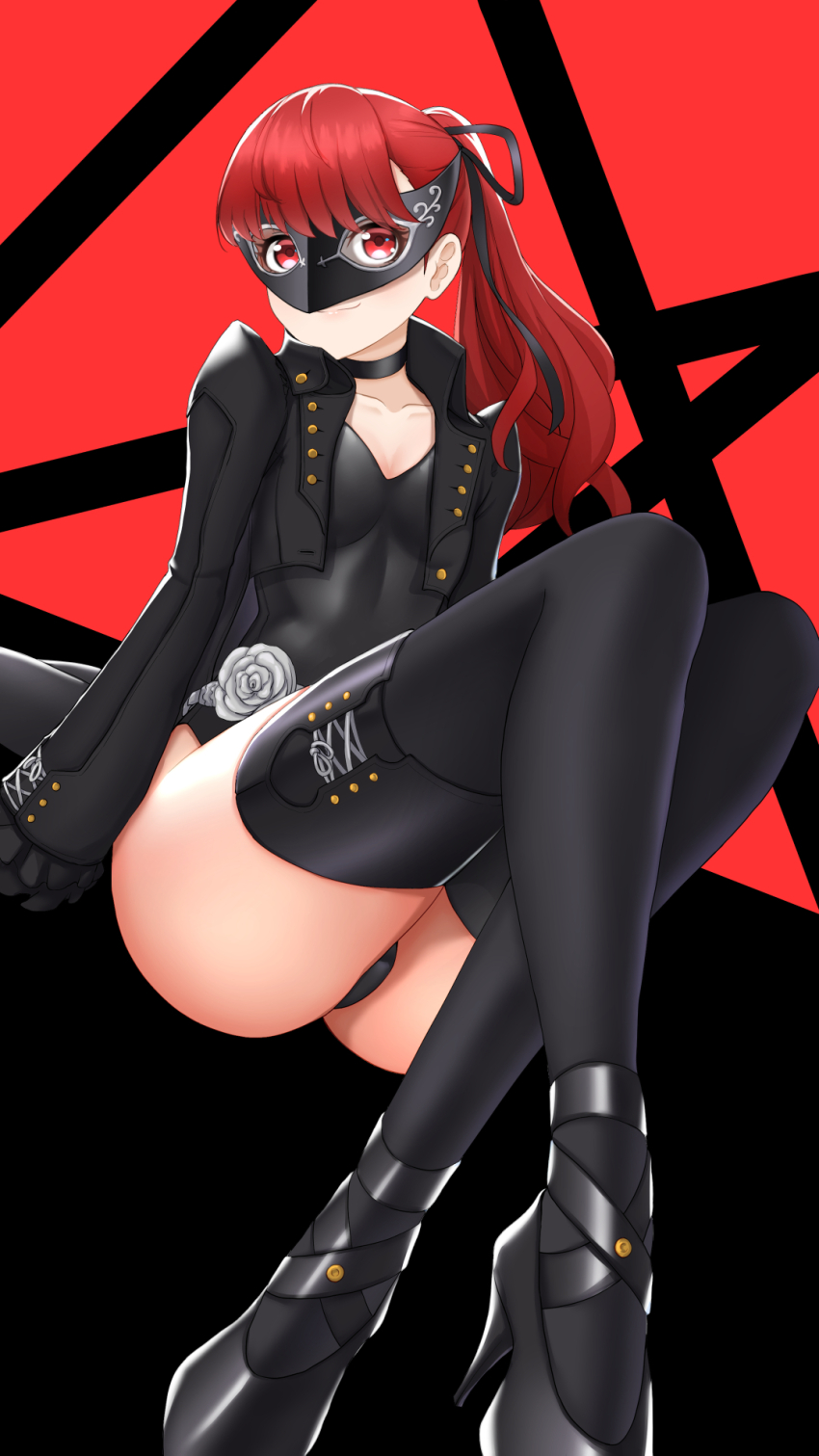 black_choker boots choker high_heel_boots high_heels highres kamikili persona persona_5 persona_5_the_royal ponytail red_eyes red_hair shrug_(clothing) sitting tagme thigh_boots thighs violet_(persona_5) yoshizawa_kasumi