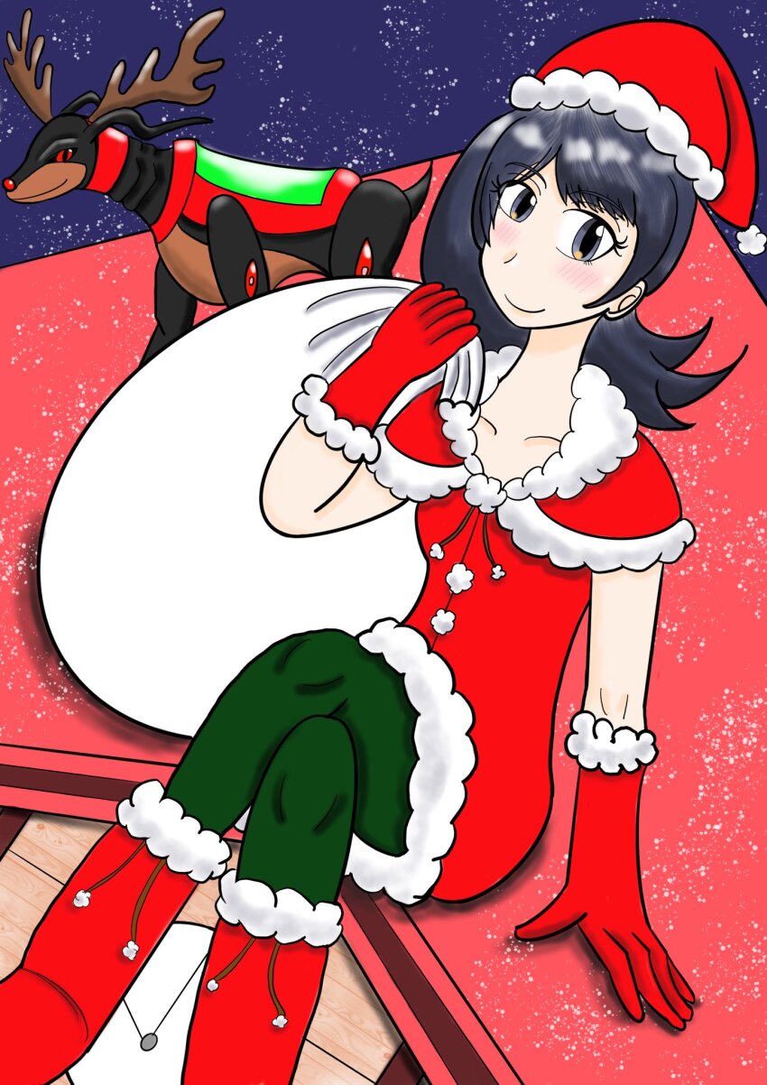 christmas digimon digimon_(creature) digimon_survive dobermon horns looking_at_viewer red_eyes shibuya_aoi smile