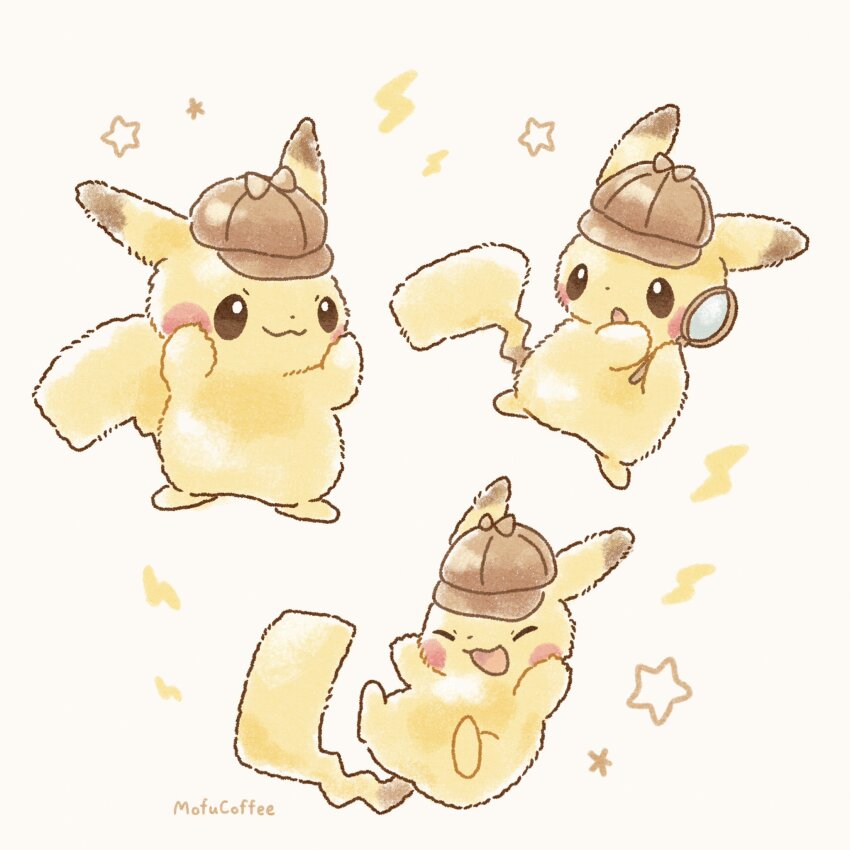 bright_pupils brown_eyes closed_eyes closed_mouth detective_pikachu_(character) detective_pikachu_(game) detective_pikachu_(series) electricity full_body gen_1_pokemon highres magnifying_glass mofucoffee nintendo open_mouth pikachu pokemon smile standing tail white_pupils